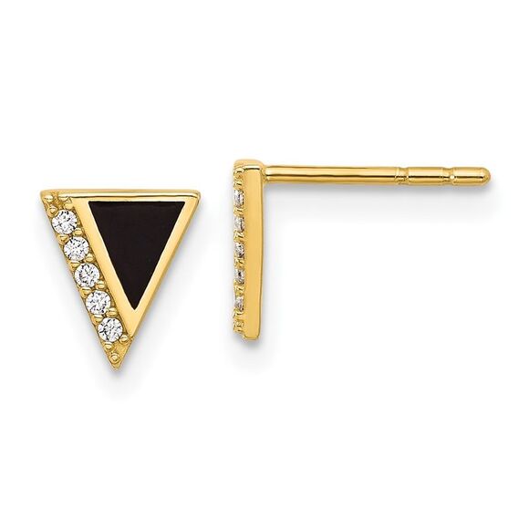 Kazi Luxury 14k Yellow Gold CZ Black Epoxy Triangle Post Earrings